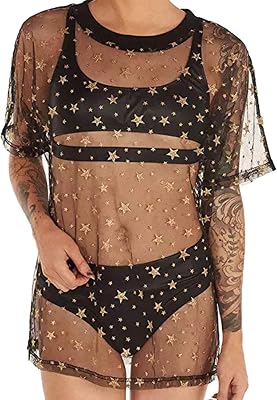 Dilgul Womens Mesh Sheer Tops See Through Star Glitter Sparkly Shiny Shirt Blouse