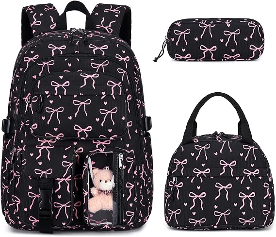 TIAASTAP Cute Bow Backpack Aesthetic School Bags for Girls with Lunch Bag Kawaii Preppy School Backpack Set 3Pcs Girls Rucksack for Teenage College Primary Secondary Middle (Black)