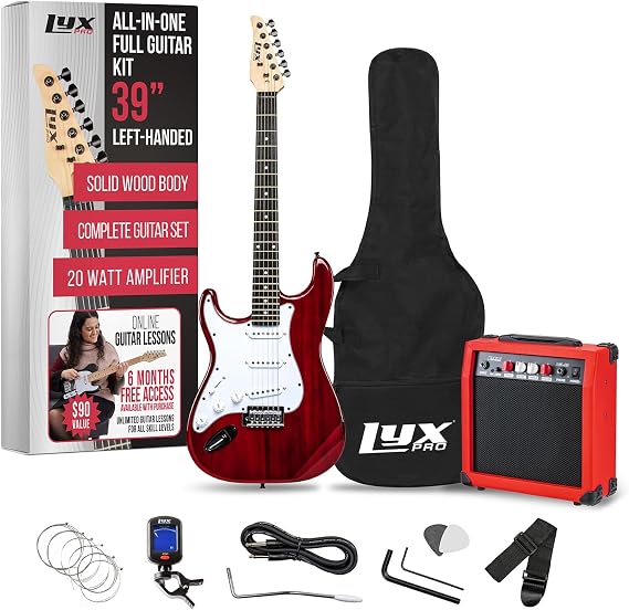 LyxPro Left Hand 39 Inch Electric Guitar and Starter Kit for Lefty Full Size Beginners Guitar, Amp, Six Strings, Two Picks, Shoulder Strap, Digital Clip On Tuner, Guitar Cable and Soft Case - Red