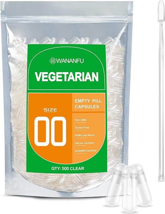 WANANFU Size 00 Empty Capsules Vegetarian (500 Count) Bundle with Micro Lab Spoon with Powder Tamper, Compatible with Capsule Filling Machine