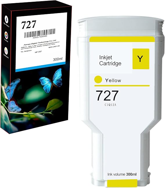 Aomya 300ml Yellow Ink Cartridge Dye Ink Compatible for HP 727 Works for DesignJet T920 T930 T1500 T1530 T2500 T2530 Printers
