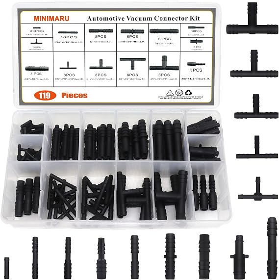 119PCS Heat Resistant 240C (460F) Nylon Connector Assortment for Automotive Vacuum Tubing Hose Vacuum Tee Kit 14 Sizes Black