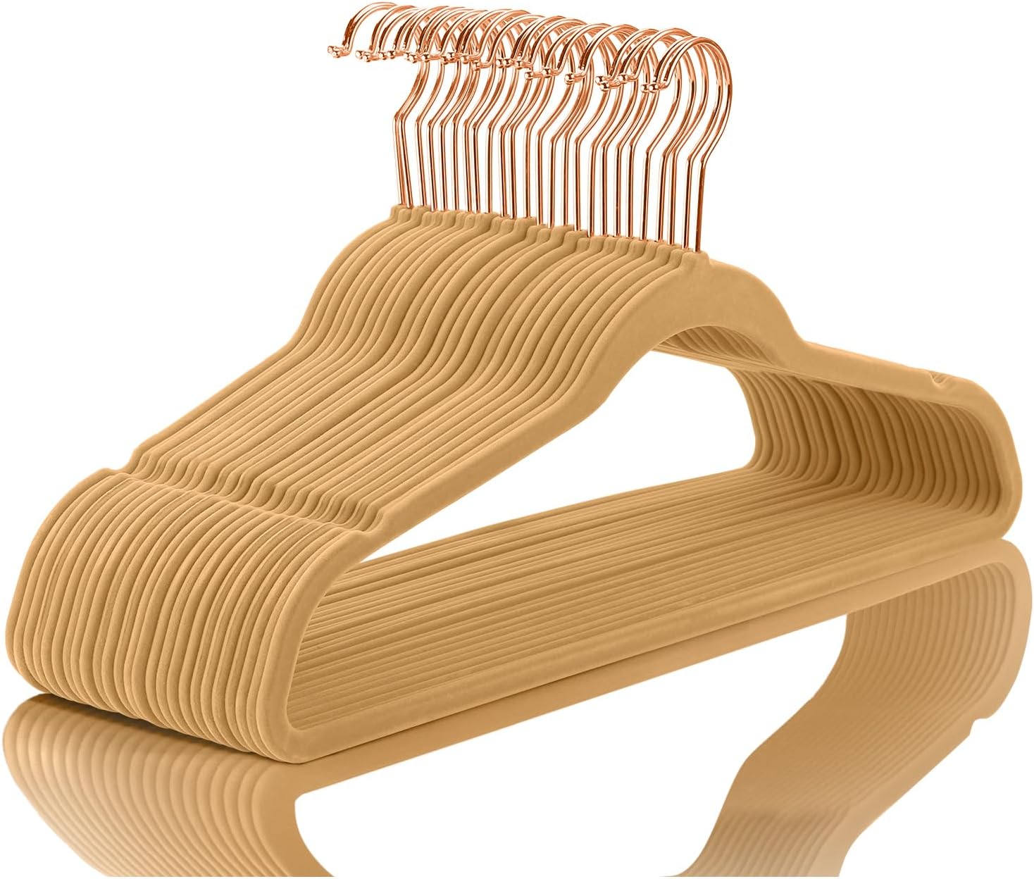 MIZGI Premium Velvet Hangers 50 Pack Heavy Duty - Non Slip Felt Hangers - Camel - Rose Gold Hooks,Space Saving Clothes Hangers,Durable Strong Hangers for Suits,Coats