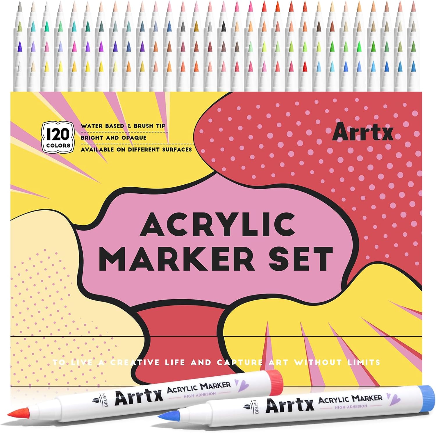 Arrtx Waterproof Acrylic Pens for Stones, 120 Colours, Brush Tip Acrylic Markers for Rock Painting, Wood, Canvas, Stone, Glass, Ceramic, Fabric, DIY Arts & Crafts & Art Supplies, Gift Pack