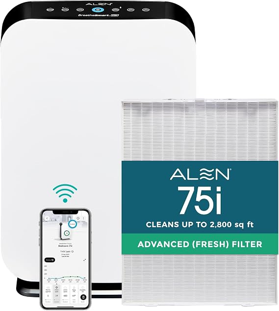 Alen 75i HEPA Air Purifier, Advanced Filter, Covers 2,800 Sq Ft | For Smoke, Asthma, VOCs, Dust, Pollution, Allergens, Viruses & Fur with True HEPA filter. App to Control & Data