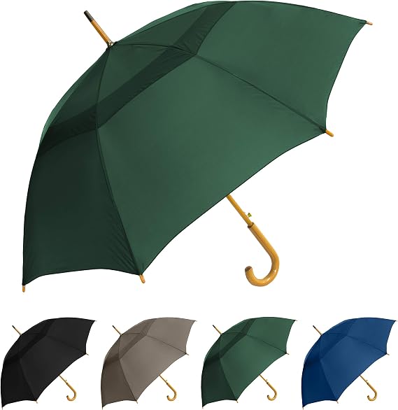 The Vented Urban Brolly 48" Arc Automatic Open Large Windproof Golf Umbrella, Classic Umbrella with Wooden J Handle, Vintage Style Lightweight Long Curved Handle Umbrella for Rain - Hunter Green