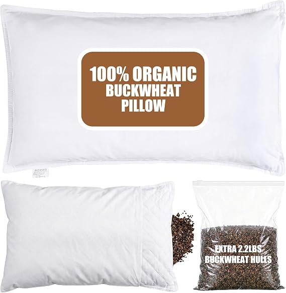 Organic Buckwheat Pillow for Sleeping with Dual-Layer Pillowcase and Extra 2.2lbs Buckwheat Hulls, 20"x12", Adjust Height and Firmness, Neck Support Pillow for Back Side Sleepers