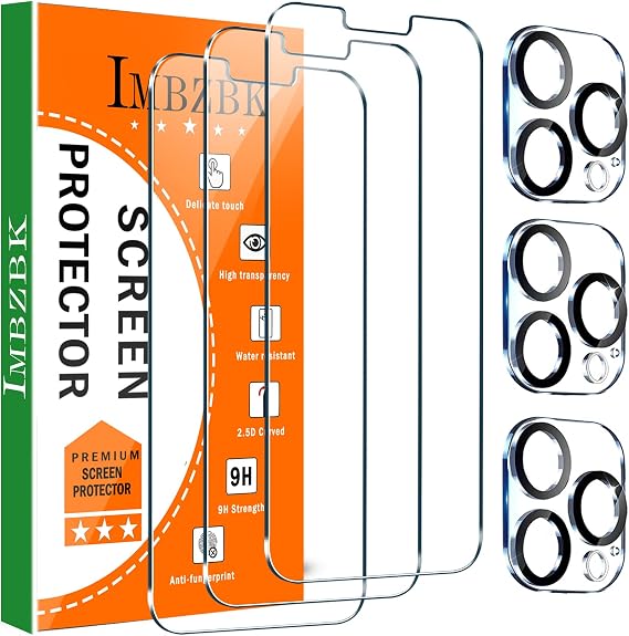 IMBZBK Screen Protector for iPhone 13 Pro Max, Tempered Glass, 3+3 Pack | 9H+ Hardness, Military Grade Shatterproof, Case Friendly, Bubble Free Easy Installation, with 3 Camera Lens Protectors