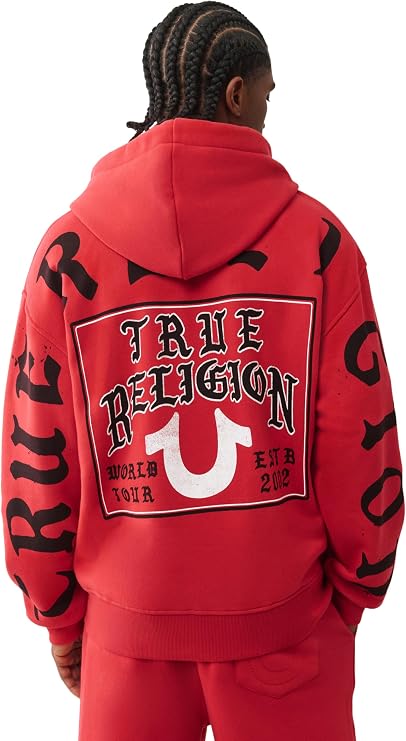 True Religion Men's TR Flag Relaxed Zip Up Hoodie Casual Full Zip Graphic Sweatshirt