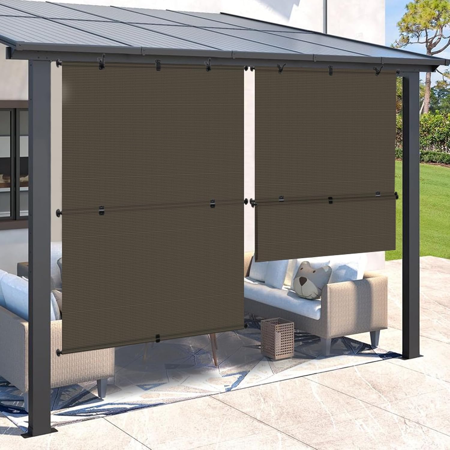 SunnyRoyal 8W X 6H Patio Foldable Sun Shade Outdoor Cordless Roller Shades Blinds for Deck Yard Porch Balcony Backyard Brown