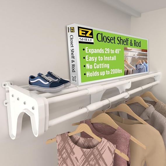 Closet Shelf with Hanging Rod - 29" to 49 Expandable, White, Closet Shelves - Strong, Holds 200 lbs - Easy Install - 1 Side Wall & Backwall with 1 End Bracket, Alternative to Wire Shelving