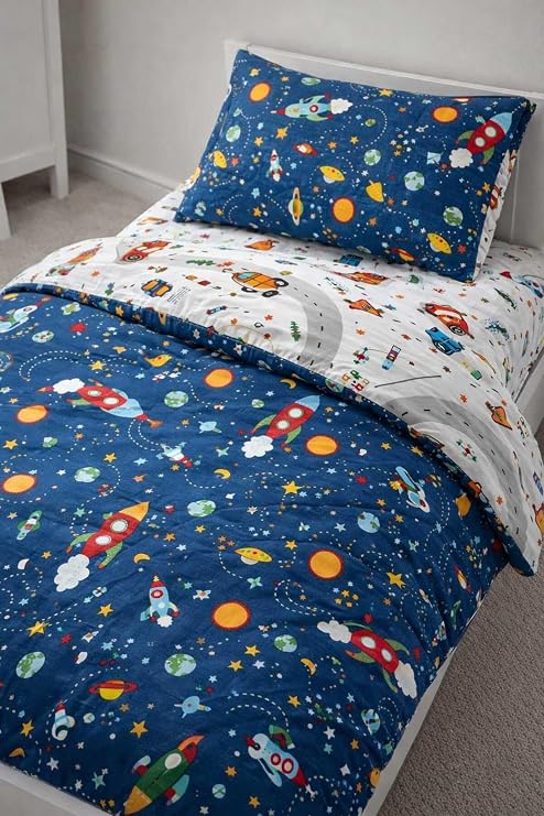 Bebek Özel%100 Pamuklu Çocuk Beşik Yatak Seti 90x190 cm, Trafik ve Mavi Galaksi Desenli, Yorgan, Yastık ve Çarşaf