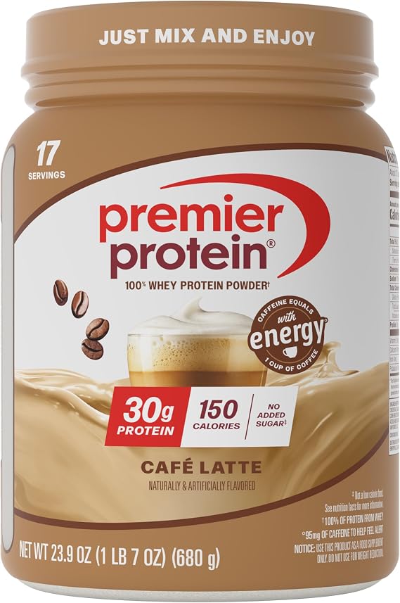 Premier Protein 30g High Protein Powder, 100% Whey, Cafe Latte, 17 Servings