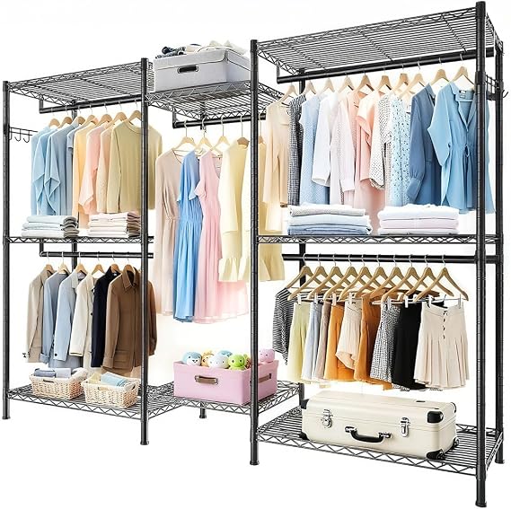 Heavy Duty Clothes Rack with 8 Adjustable Wire Shelves and 5 Clothes Rails, Adjustable Metal Freestanding Clothing Garment Racks, Portable Wardrobe Closet Organizer, without Hook (Black)