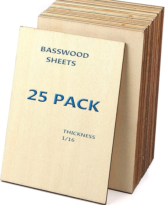 Unfinished Wood Pieces,25Pcs Basswood Sheets 1/16,Thin Plywood Wood Sheets for Crafts,Perfect for DIY Projects, Painting, Drawing, Laser,Engraving,Burning and CNC Cutting(150x100x1.5mm)
