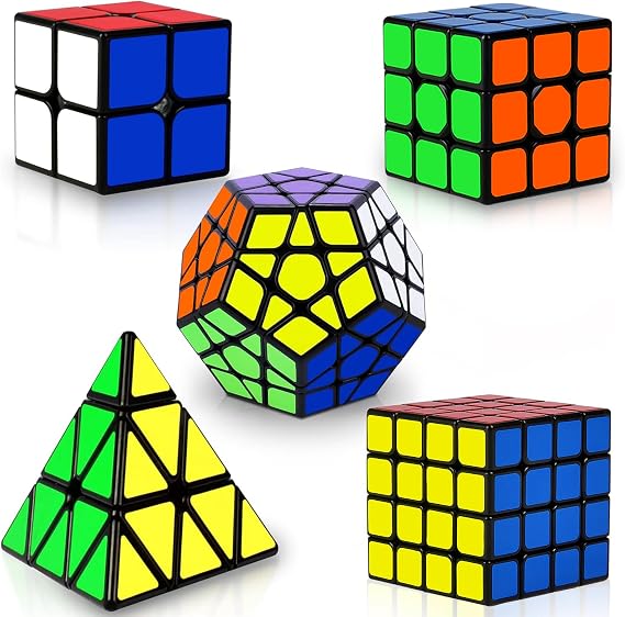 Coolzon Speed Cube Set 5 Pack Magic Puzzle Cubes Pyraminx Pyramid + Megaminx + 2x2x2 + 3x3x3 + 4x4x4 Cube Toys with PVC Stikers for Kids Adults