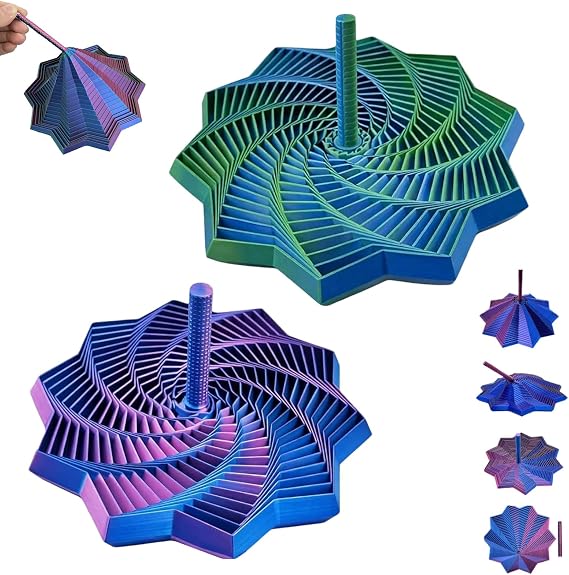 3D Printed Expanded Sensory Fidget Star – 2 Pack Honeycomb Spiral Stress-Relief Spinning Tool with Handle – Sensory Fidget for Anxiety Relief, Focus and Stress Reduction (Green & Purple)