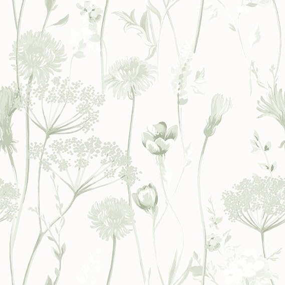 Muriva Catherine Lansfield Meadowsweet Floral Themed Flower Siluette Romantic Wallpaper for Living Room, Bedroom, Hallway, Feature Wall- Sage Green/White 165584