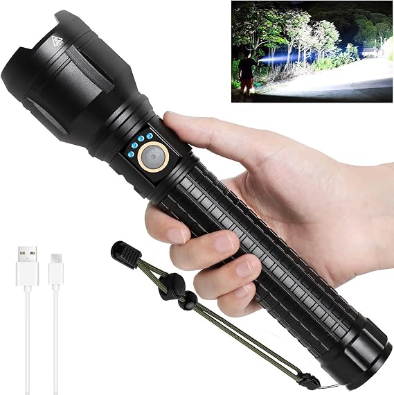 Lylting P90 LED Rechargeable Flashlights, 100000 Lumens Powerful Zoomable Flashlight with USB Cable, IPX6 Waterproof High Lumen Super Bright Flashlight for Camping Hiking