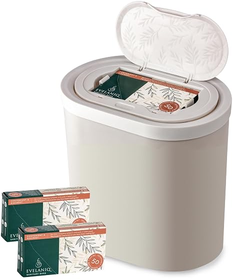 Women's Sanitary Napkin Receptacle (Bin + 150 Hygiene Bags) Feminine Pad & Tampon Restroom Disposal Receptacle Mini Trash Can Starter Pack, Light Grey for Home & Business Bathrooms.