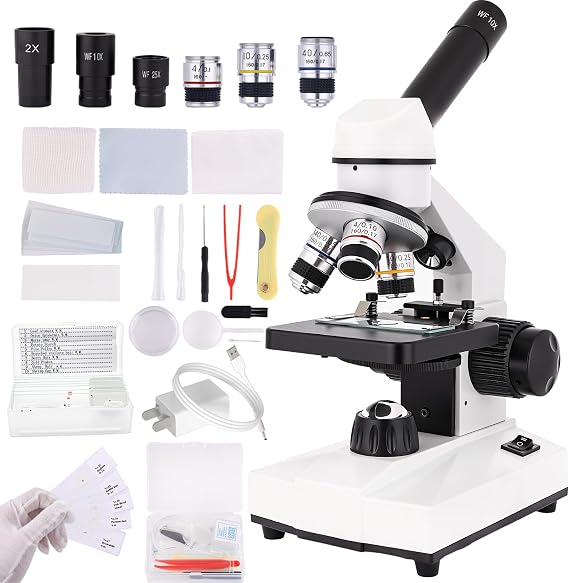Compound Microscope, 2000x Magnification, with Smartphone Adapter, Slide Set, Dual LED Illumination System, Adult Microscope, Suitable for Beginners and Laboratory use (Monocular Microscope)