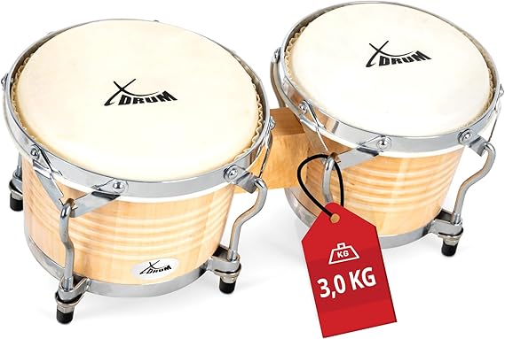 XDrum Bongos Pro Natural 2 drums with 6.5 inches (17 cm) and 7.5 inches (20 cm) diameter bongo drums with tunable natural skins and tuning key wooden drums natural colours