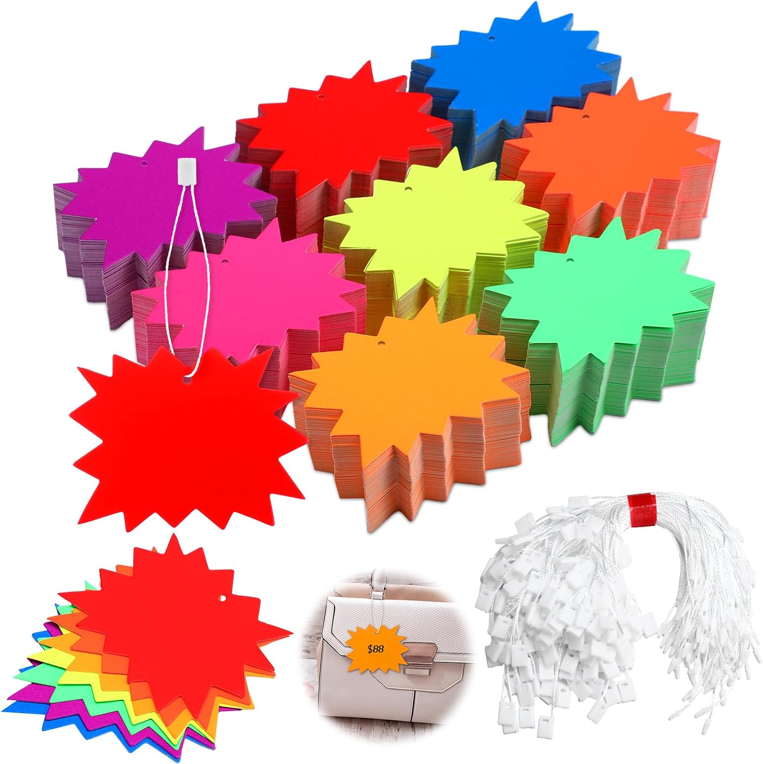 1000 Sets Price Tags with String 2.8 x 3.5 Inch Starburst Price Tags Paper Writable Blank Fluorescent Hang Label with Snap Pin Loop Fastener Nylon Strings for Retail Store Clothing