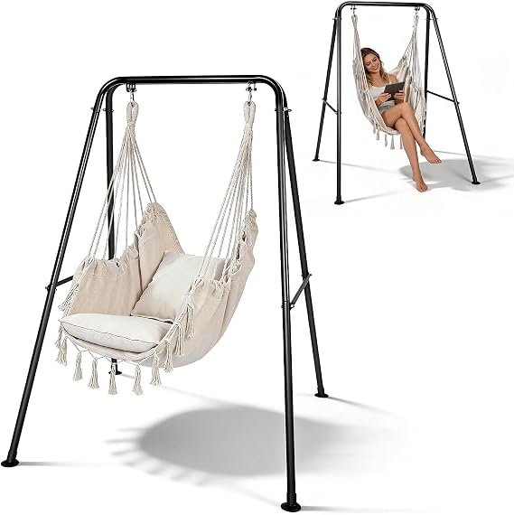 Hammock Chair with Stand & 2 Pillow, 150kg (330lbs) Capacity, Heavy Duty Reinforced Triangular Base Hanging Swing Chair, Handwoven Cotton-Blend Fabric, Indoor Outdoor for Patio Balcony Garden