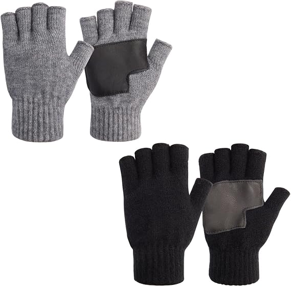 MAYLISACC 1/2 Pairs Winter Knit Fingerless Gloves, Warm Touchscreen Texting Open Finger Gloves with Anti-Slip Leather