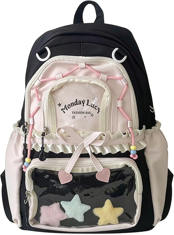 TIAASTAP Kawaii School Backpack Cute School Bag - Preppy Ita Backpack Aesthetic Japanese Schoolbag for Girls Kids Boys Teenage (Black)