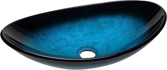 YIMAI Blue Oval Vessel Sink, 18.5" x 11.8" Glass Artistic Bathroom Countertop Basin with Gradient Pattern, Tempered Glass Above Counter Sink Bowl, Modern Finish