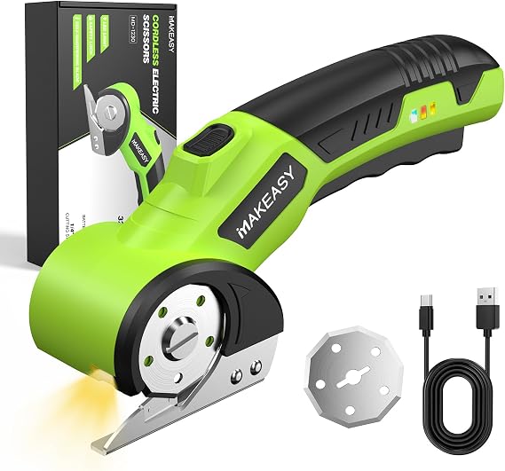MAKEASY Cardboard Cutter, Rechargeable Electric Scissors, Box Cutter with a Replacement Blade, Rotary Cutter for Fabric, Carpet, Plastic and Leather, 3.6V, 1500mAh, 320RPM