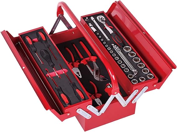 Multifunctional Home Toolbox Portable Steel Hardware Repair Box Portable Storage Car Repair Tool 48 Sets of Practical Safety,Red,48 item