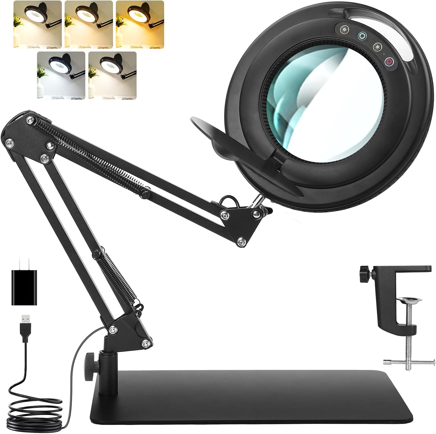 10X Magnifying Glass with Light and Stand, Head Button Control Magnifier Lamp with Dust Cover, 5 Color Modes Dimmable LED Lighted Magnifier with Clamp & Base for Painting Craft Close Work