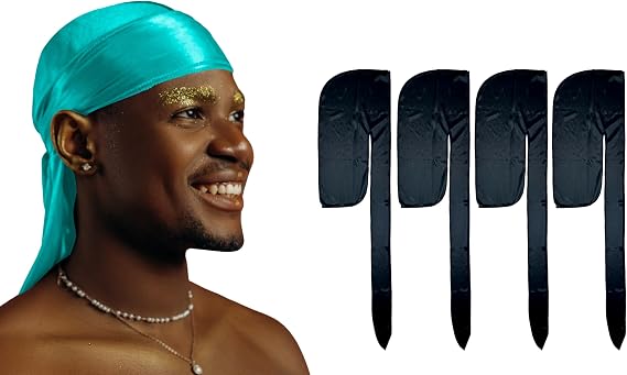 1 Pack Teal Silky Satin Durag Bundle 4 Pack Black Silk Durag