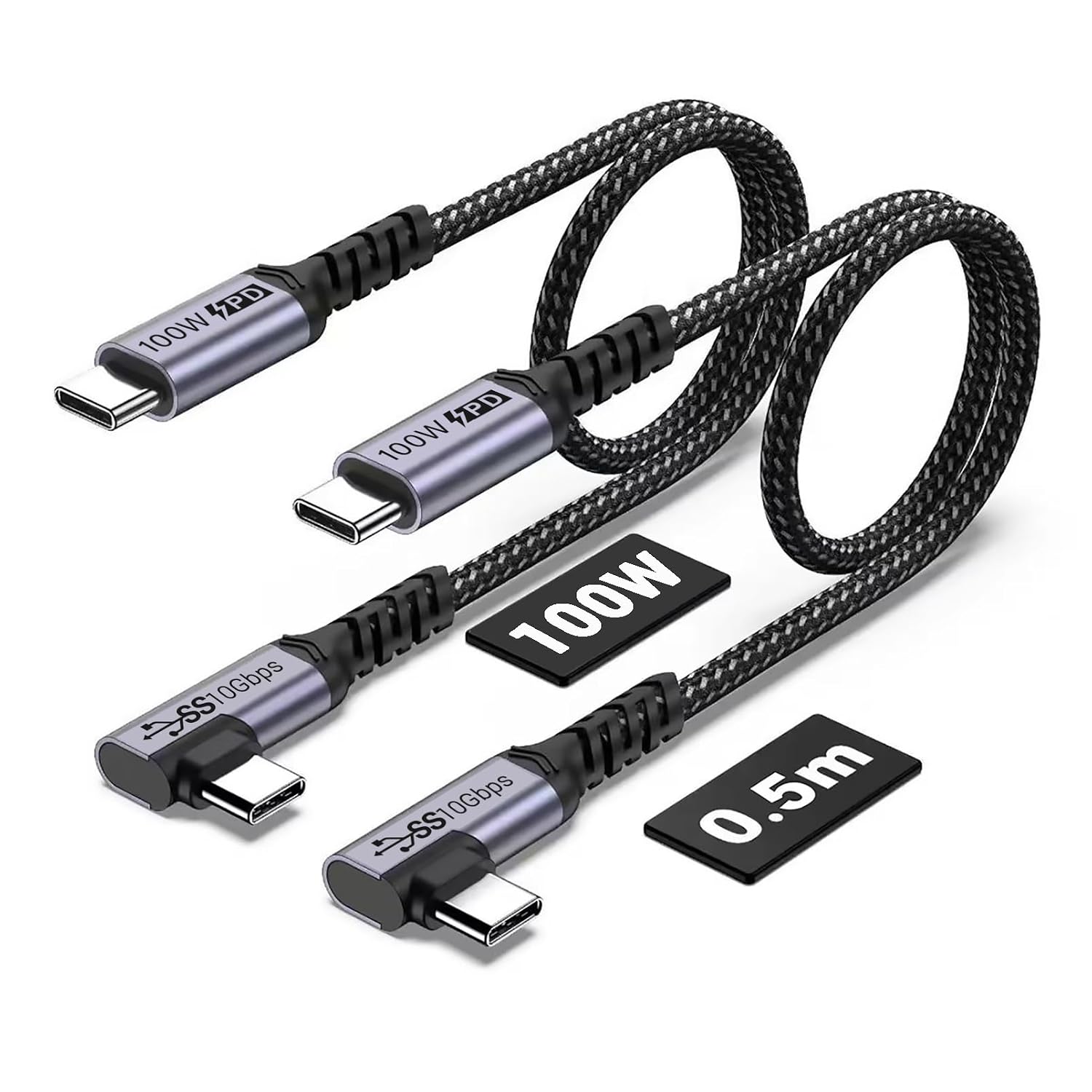 100 W Short USB C Cable 3.1 Right Angle [50 cm 2 Packs] 5 A Fast Charge 10 GBbps High Speed Data E-Marker Chip Cable 4K @ 60 Hz Video Display