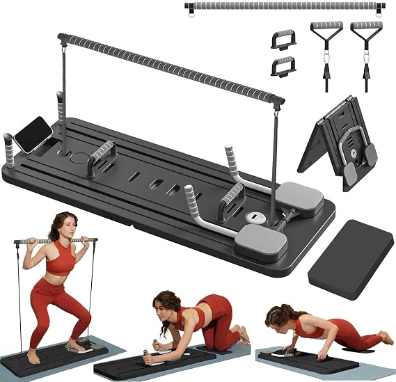 Pilates Board Set mit Pilate Bar and Resistance Bands, Mini Pilates Reformer Machine at Home Multifunctional Ab Roller Exercise Board Workout Equipment