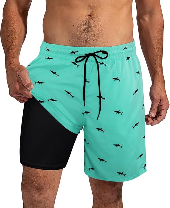 XiaoMoSha Men's Swim Trunks with Compression Liner 7" Quick Dry Boardshorts Swimwear with Pockets Swimsuits S-2XL