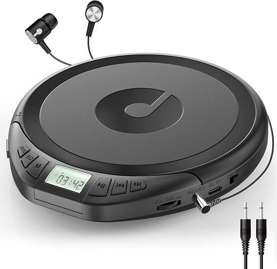 Gueray Portable CD Player with Earphones, CD Discman for Car Home | LCD display, Anti-Skip shockproof protection, PROG memory, repeat playback,personal music use,no bluetooth radio speaker