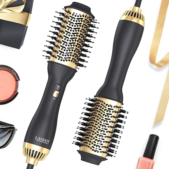 LANDOT Hair Dryer Brush, Hot Air Styler Volumiser, 60mm Oval Blowout Brush | Ionic Blowdry Brush for Drying Smoothing and Volumizing, Anti-frizz Ceramic Titanium Barrel, 3 Heat & 2 Speed, All Hair Types