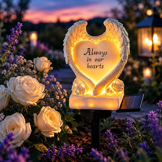 Angel Memorial Solar Garden Light, Hand-Painted Resin Angel Wings Stake Light for Memorial Garden, Always in Our Hearts Remembrance Gift Sympathy Gift, Graveside Decoration (Wings Heart)