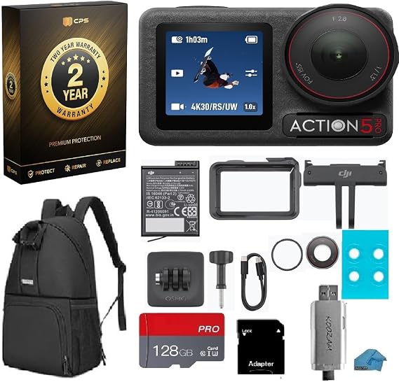 DJI Osmo Action 5 Pro Standard Combo 4K Waterproof Camera Bundle , 128GB MicroSD Card, USB Reader, Backpack - 1/1.3" Sensor, Dual OLED Touchscreens, Vlogging