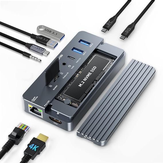 USB C Laptop Docking Station HDMI 4K60Hz with Nvme Enclosure, ACASIS 10-in-1 USB C Hub Multiport Adapter with HDMI, PD, Ethernet, SD/TF, 10G USB C/A Ports, Audio, Works for Mac/Dell/HP/Surface