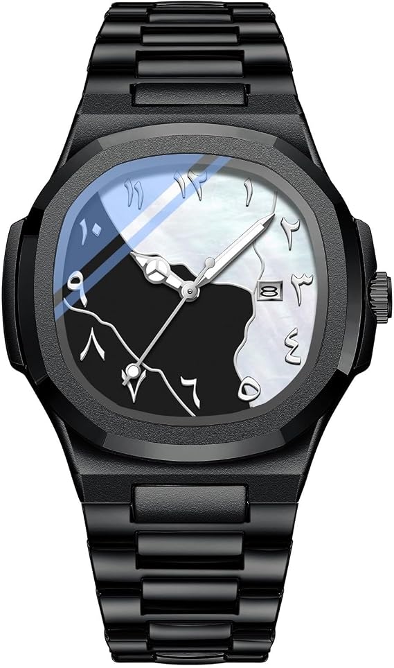 Arabic Dial Men’s Watch Silver Stainless Steel Waterproof Business Casual Wristwatch Date Display Gift for Men