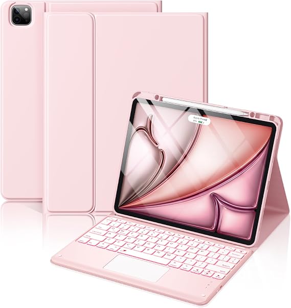 Hamile for iPad Air 13-inch & Pro 12.9 Case with Keyboard - 7-Color Backlit | Multi-Touch Trackpad, Magnetic Wireless Keyboard, Stain Proof Folio Cover, for Air 13 Pro 12.9 6/5/4th 3rd Gen, Light Pink
