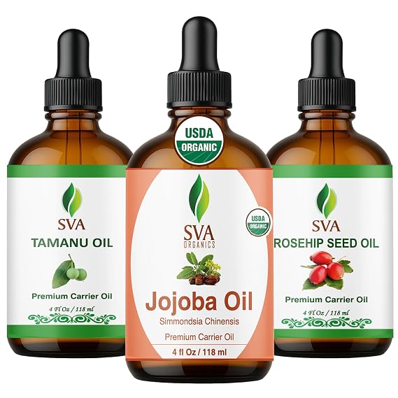 SVA Tamanu, Rosehip & Jojoba Oil 4oz Bundle Super Saver Combo Bundle Set for Hair Oiling, Scalp Massage, Hair Care, Face, Skin Care and Body Massage