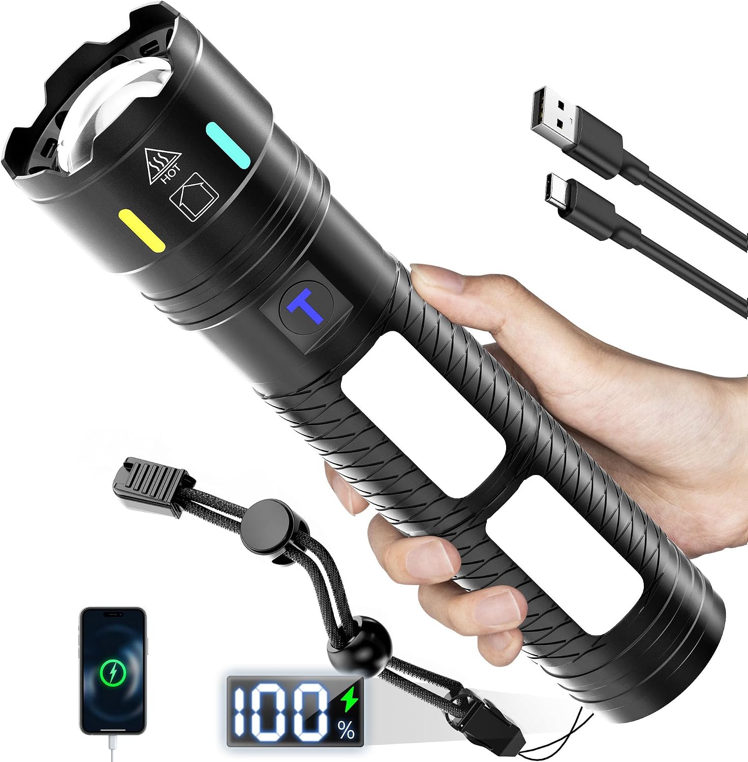 Rechargeable Torches Led Super Bright High Lumens, Torch Rechargeable Long Range 5000ft, 4 Mode with Red LED Flashing Flashlight, Powerful Torch for Dog Walking Emergency [Energy Class A+++]
