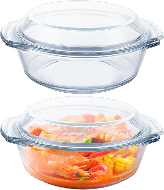 2PCS 0.7L/24oz Small Casserole Dish with Lid, Round Glass Oven Dish