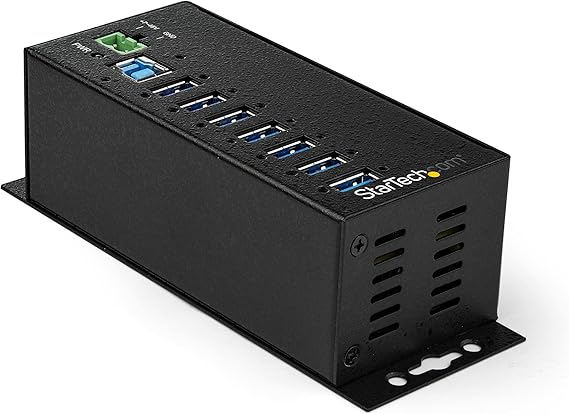7 Port USB Hub with Power Adapter - Surge Protection - Metal Industrial USB 3.0 Data Transfer Hub - Din Rail, Wall or Desk Mountable - High Speed USB 3.1 Gen 1 5Gbps Hub (HB30A7AME)
