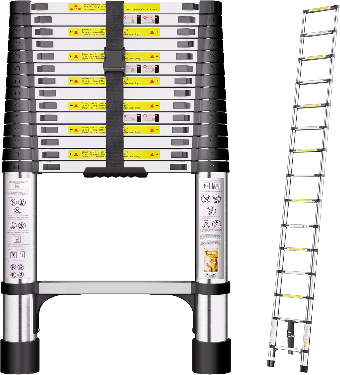 Telescopic Ladder, 4.4M Stainless Steel Loft Ladder with Non-Slip Feet and Triangle Support, Portable Ladders Extendable Thickened High-Strength, Ladders for Roof Attic Caravans